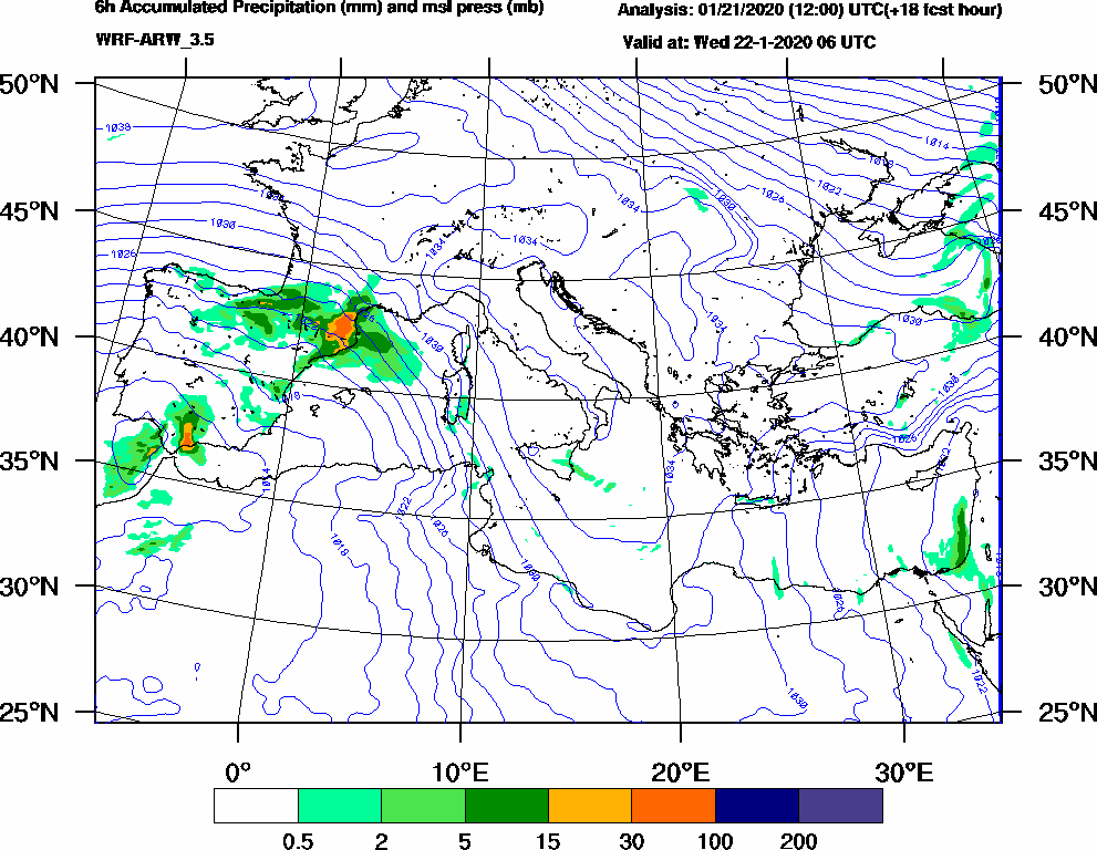 6h Accumulated Precipitation (mm) and msl press (mb) - 2020-01-22 00:00