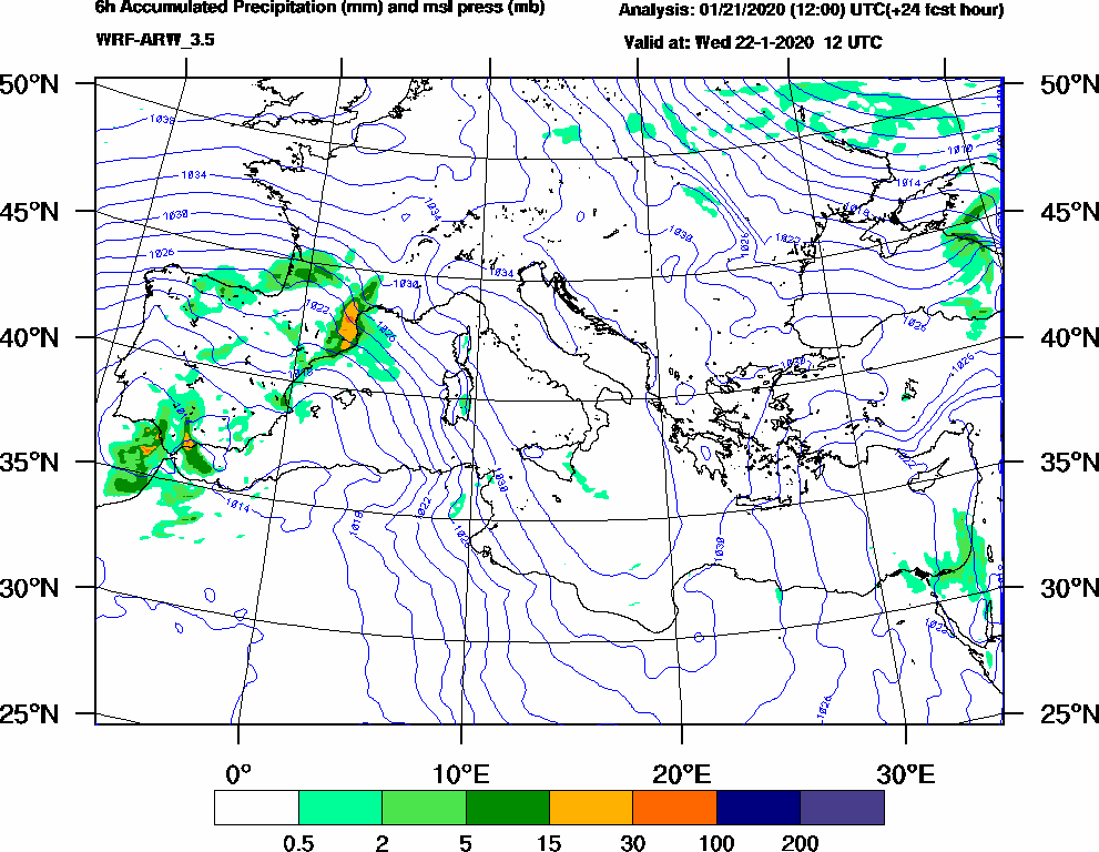 6h Accumulated Precipitation (mm) and msl press (mb) - 2020-01-22 06:00