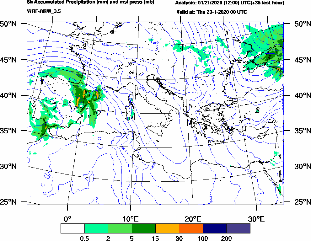 6h Accumulated Precipitation (mm) and msl press (mb) - 2020-01-22 18:00