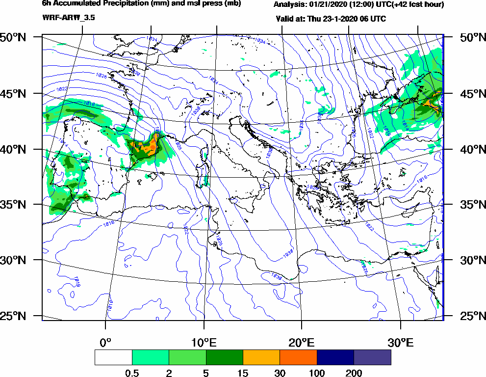 6h Accumulated Precipitation (mm) and msl press (mb) - 2020-01-23 00:00