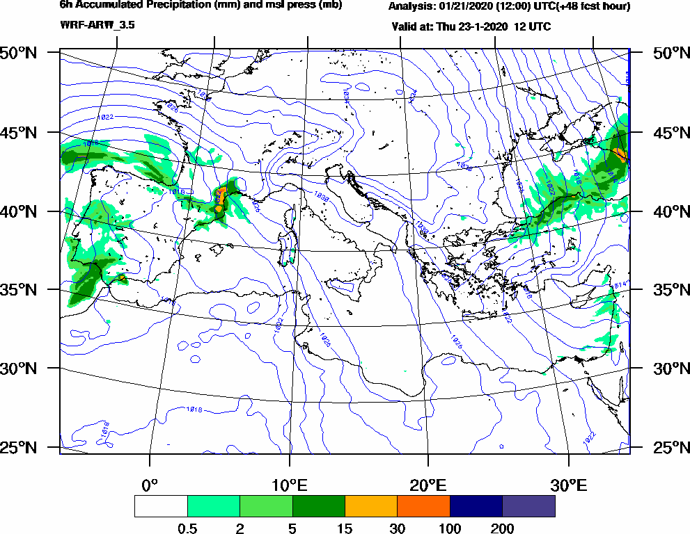 6h Accumulated Precipitation (mm) and msl press (mb) - 2020-01-23 06:00