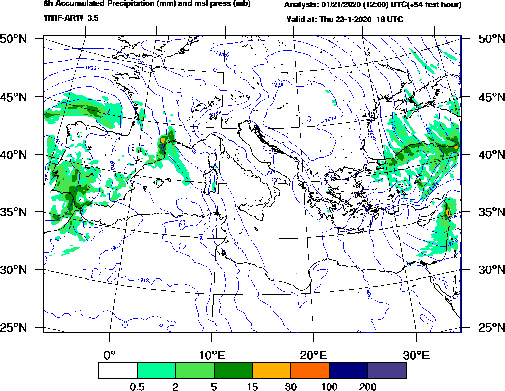 6h Accumulated Precipitation (mm) and msl press (mb) - 2020-01-23 12:00