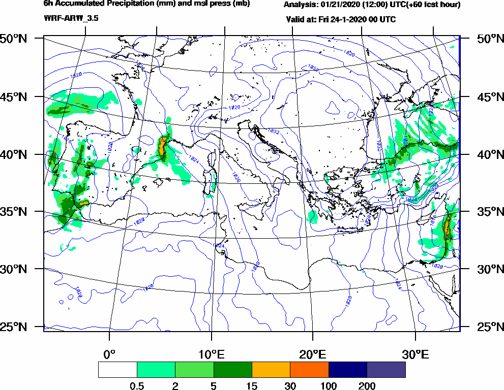 6h Accumulated Precipitation (mm) and msl press (mb) - 2020-01-23 18:00