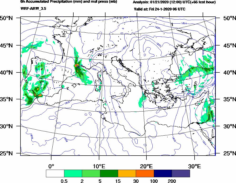 6h Accumulated Precipitation (mm) and msl press (mb) - 2020-01-24 00:00