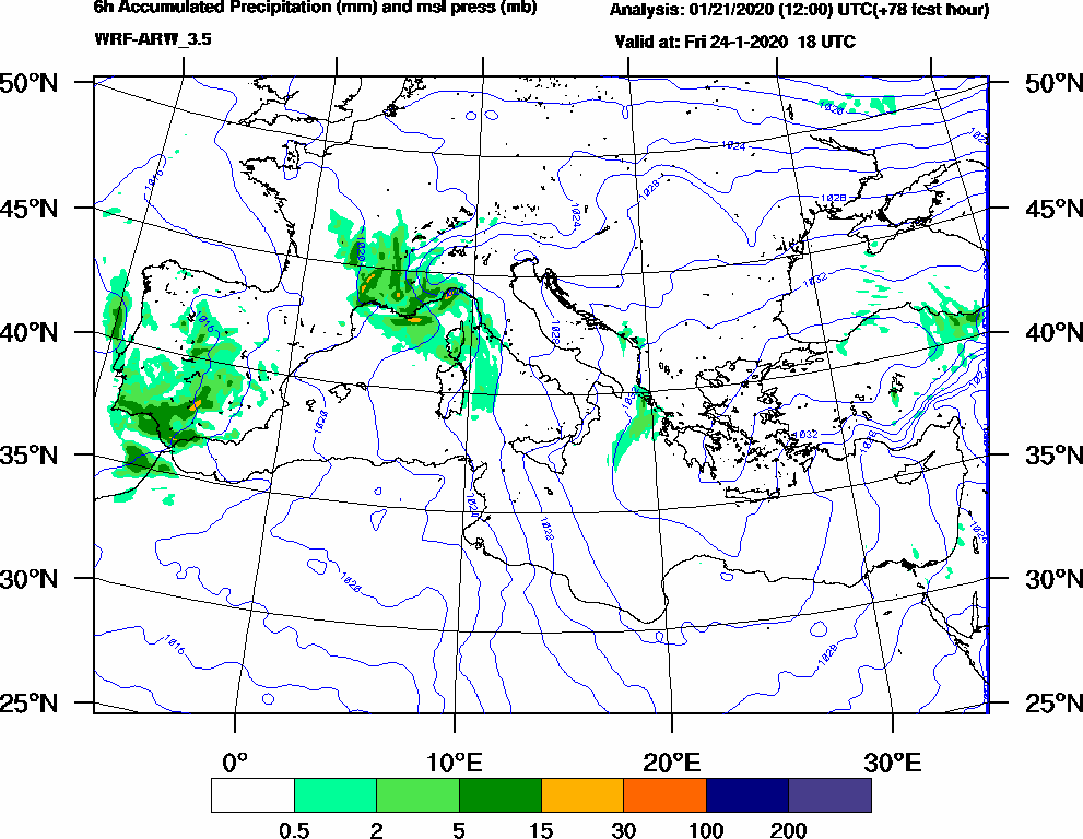 6h Accumulated Precipitation (mm) and msl press (mb) - 2020-01-24 12:00