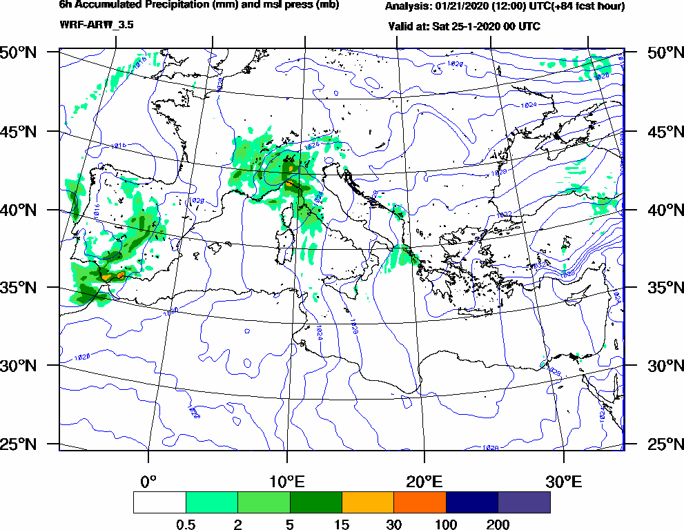 6h Accumulated Precipitation (mm) and msl press (mb) - 2020-01-24 18:00