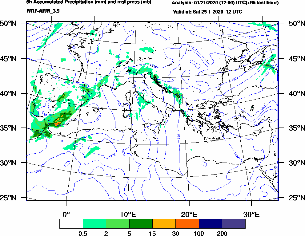 6h Accumulated Precipitation (mm) and msl press (mb) - 2020-01-25 06:00