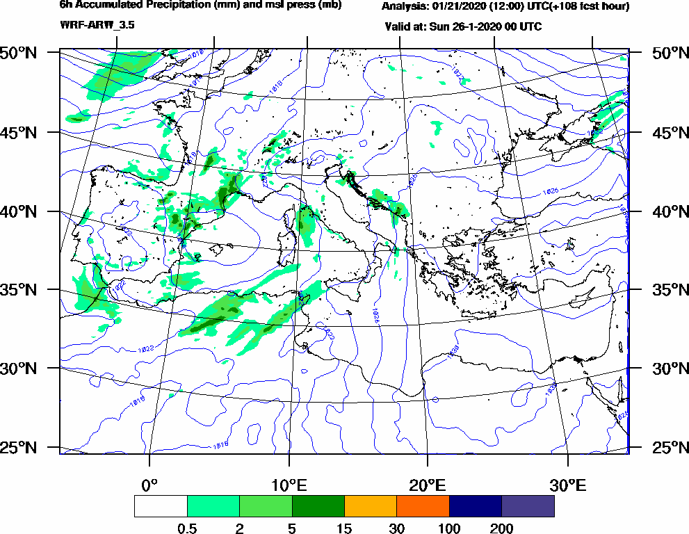 6h Accumulated Precipitation (mm) and msl press (mb) - 2020-01-25 18:00