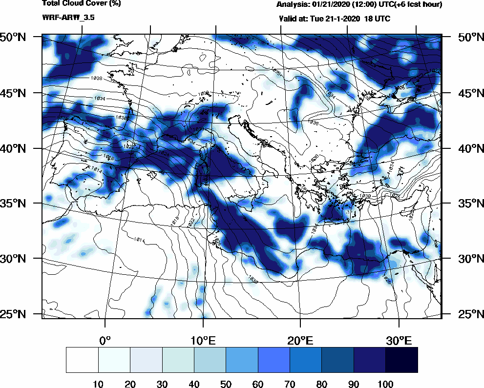 Total cloud cover (%) - 2020-01-21 12:00