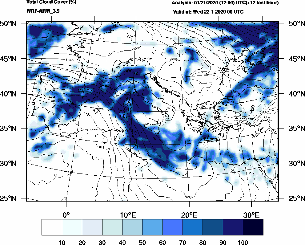 Total cloud cover (%) - 2020-01-21 18:00