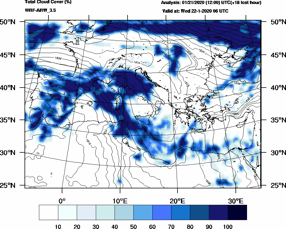 Total cloud cover (%) - 2020-01-22 00:00