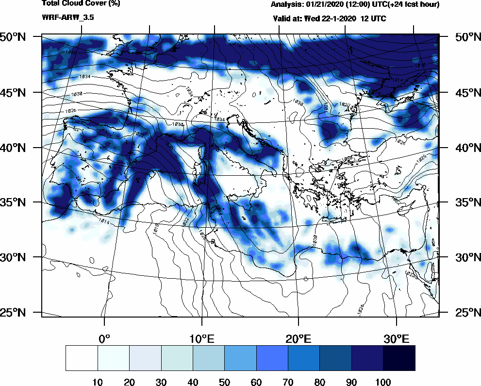 Total cloud cover (%) - 2020-01-22 06:00