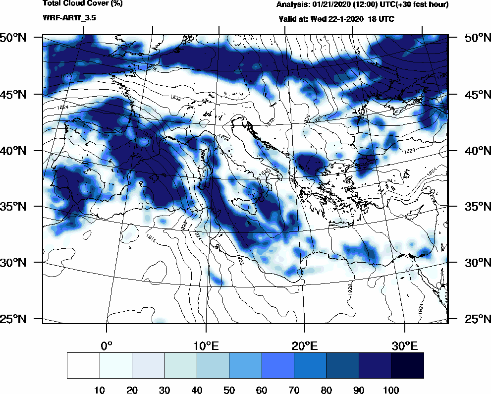 Total cloud cover (%) - 2020-01-22 12:00