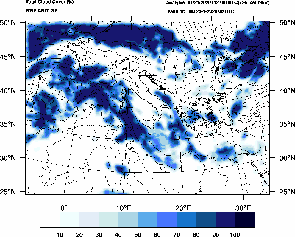 Total cloud cover (%) - 2020-01-22 18:00