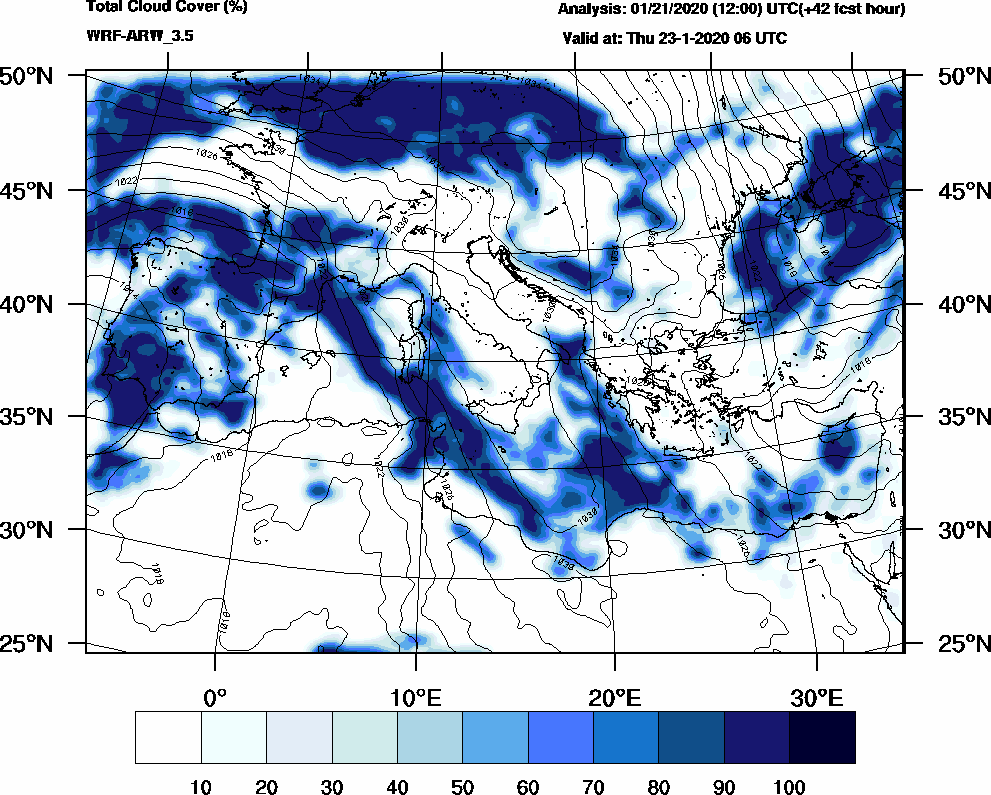 Total cloud cover (%) - 2020-01-23 00:00