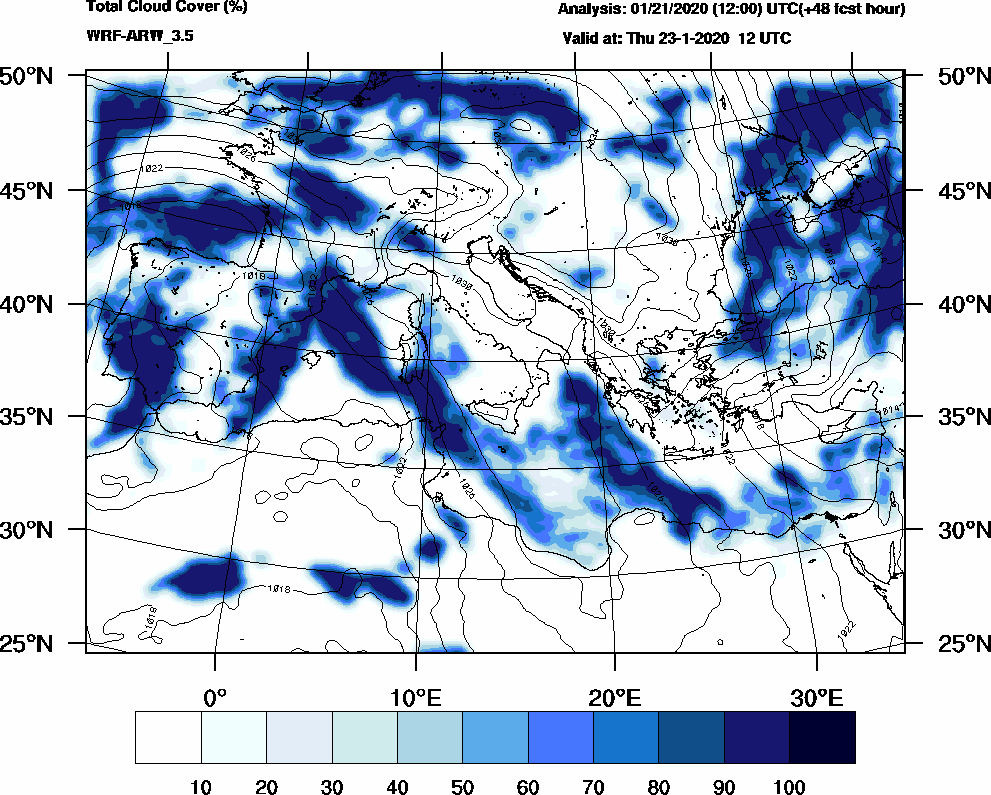 Total cloud cover (%) - 2020-01-23 06:00