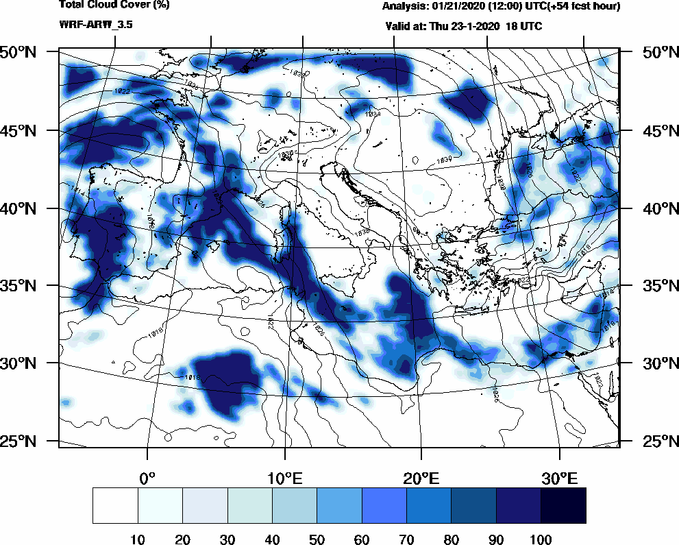 Total cloud cover (%) - 2020-01-23 12:00