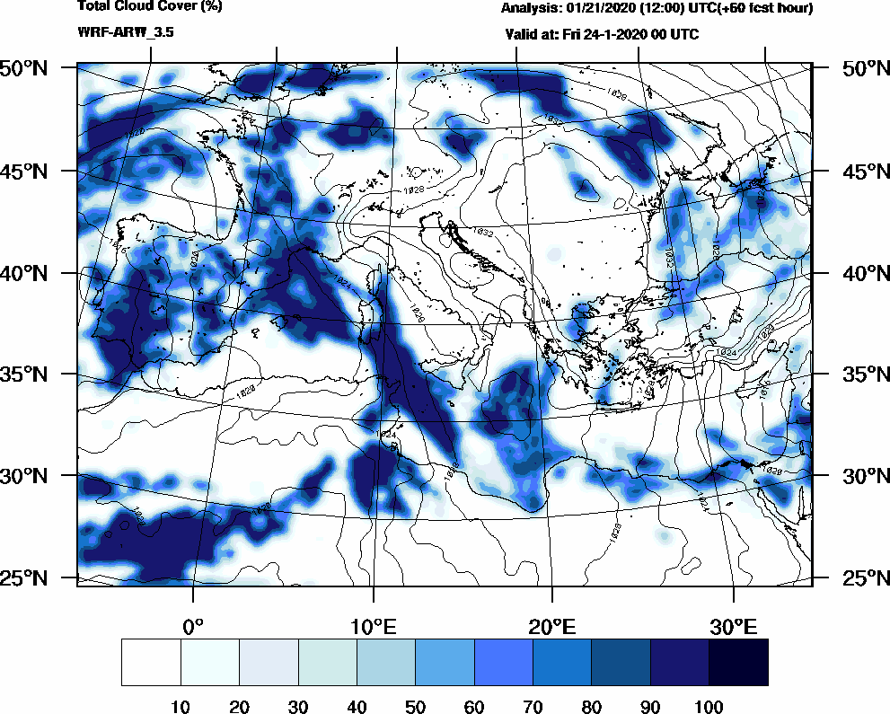 Total cloud cover (%) - 2020-01-23 18:00