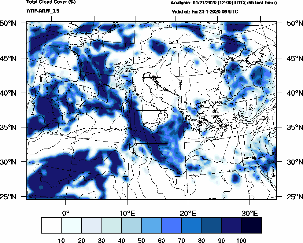 Total cloud cover (%) - 2020-01-24 00:00