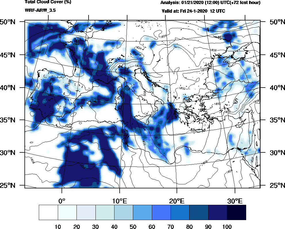 Total cloud cover (%) - 2020-01-24 06:00