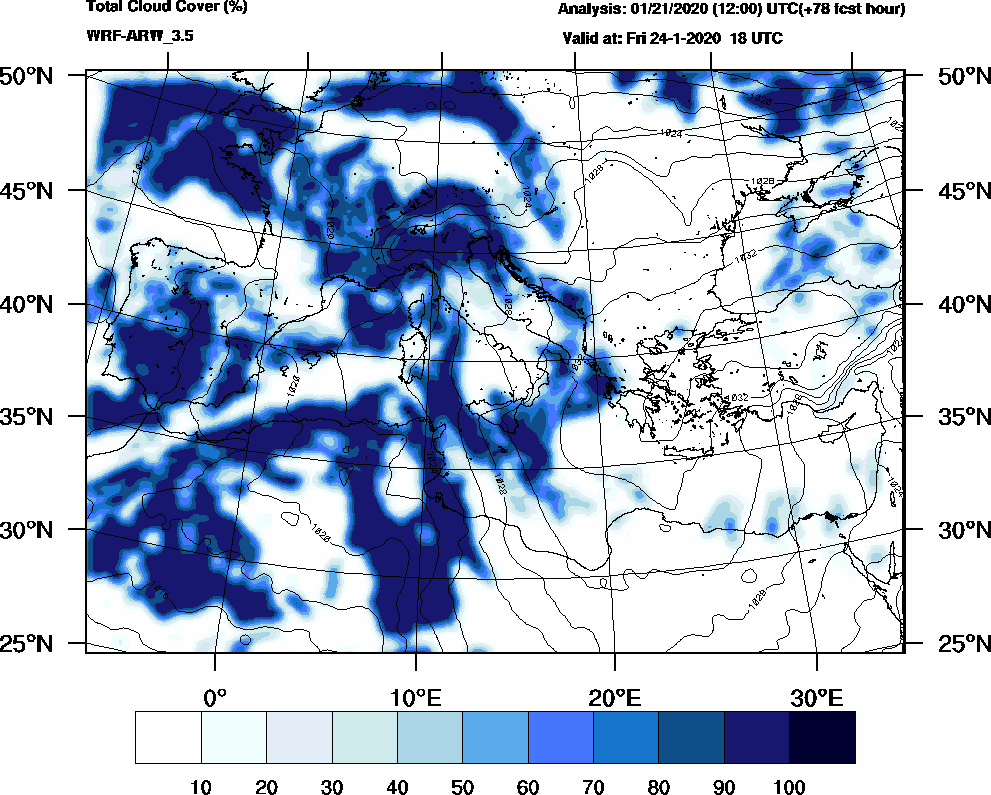 Total cloud cover (%) - 2020-01-24 12:00