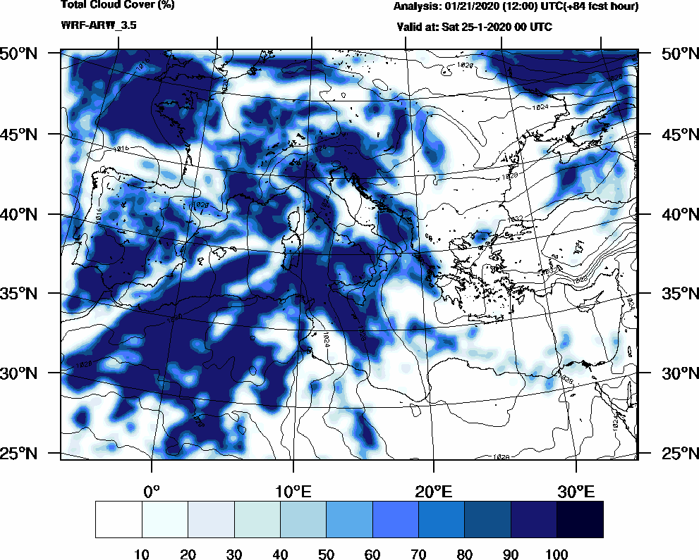 Total cloud cover (%) - 2020-01-24 18:00