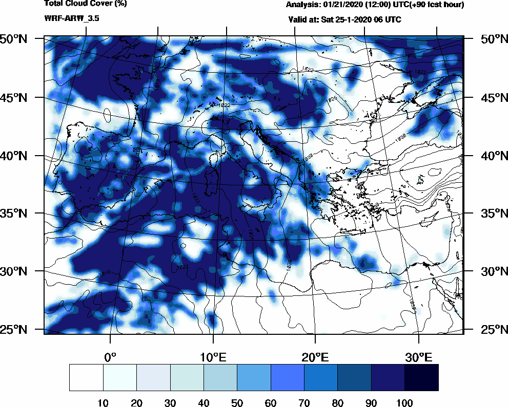 Total cloud cover (%) - 2020-01-25 00:00