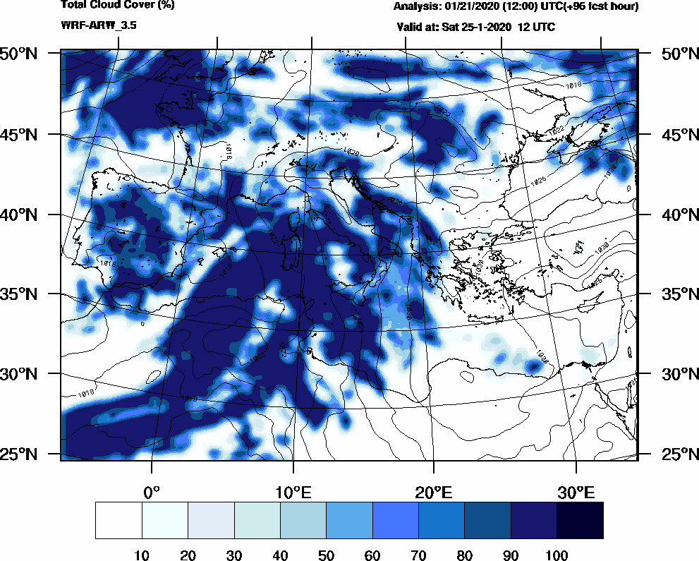 Total cloud cover (%) - 2020-01-25 06:00