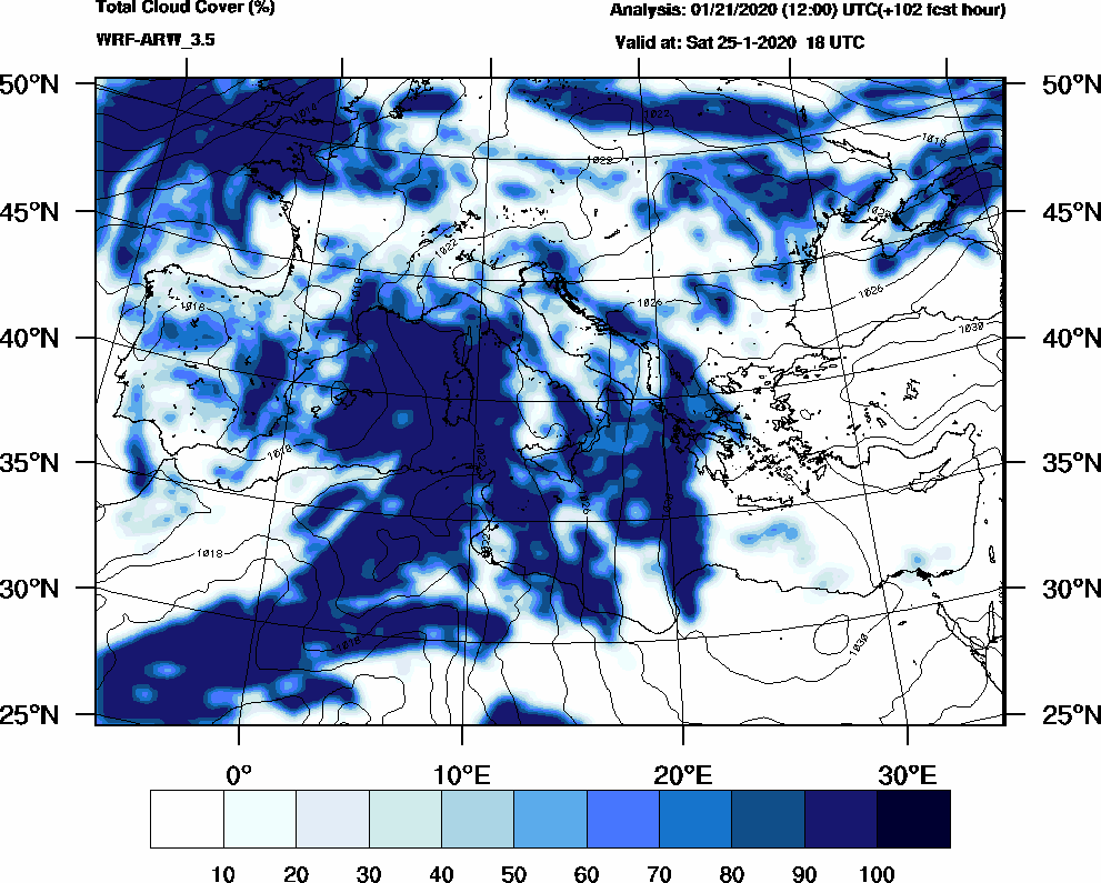 Total cloud cover (%) - 2020-01-25 12:00