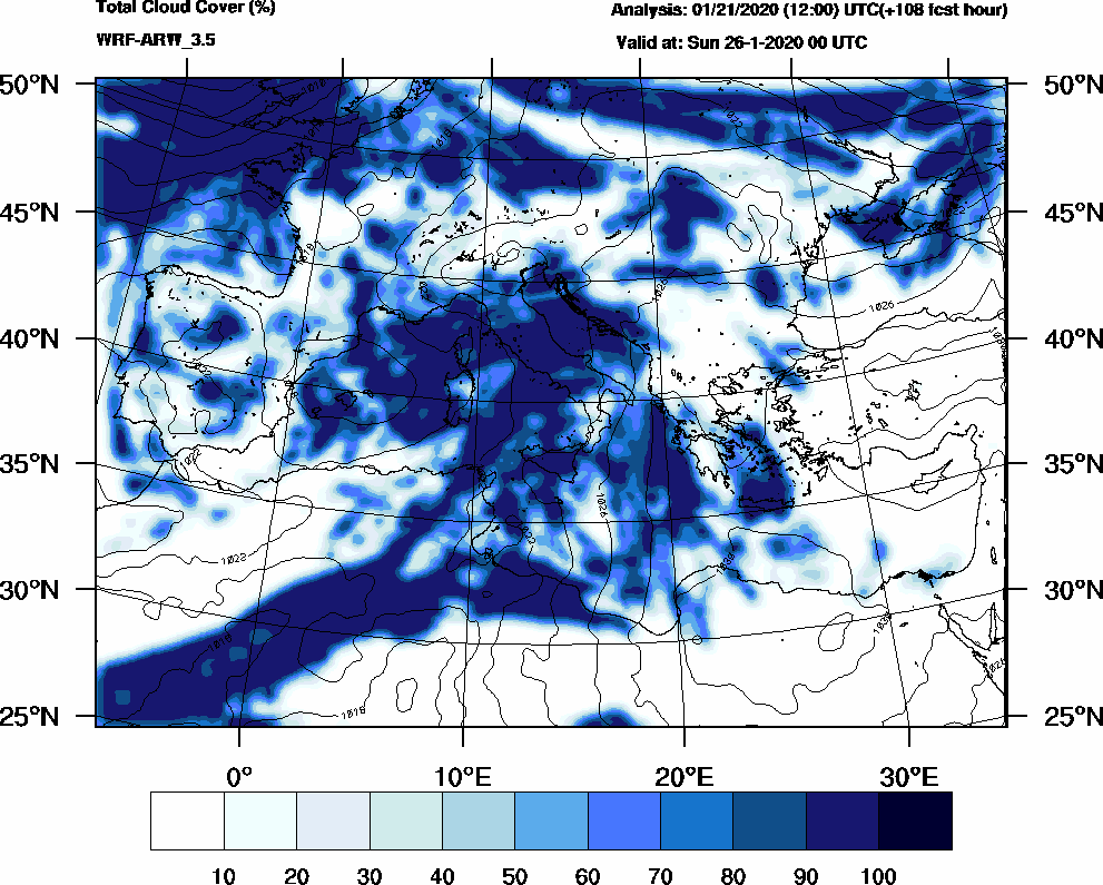 Total cloud cover (%) - 2020-01-25 18:00