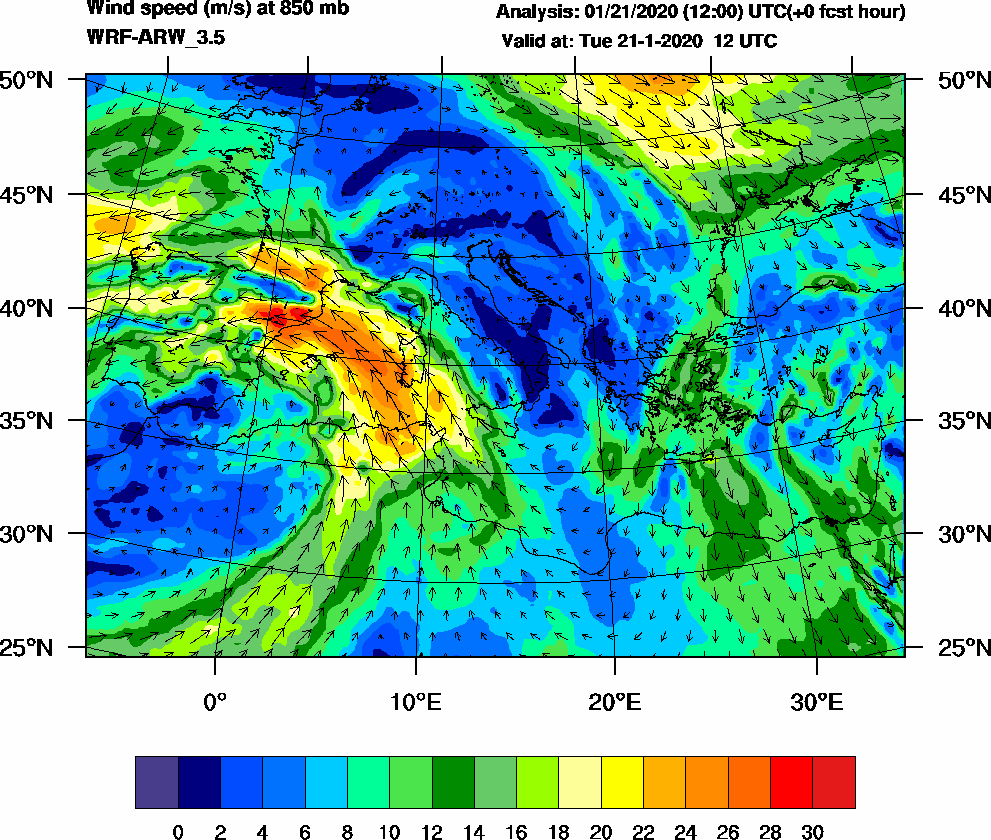 Wind speed (m/s) at 850 mb - 2020-01-21 12:00