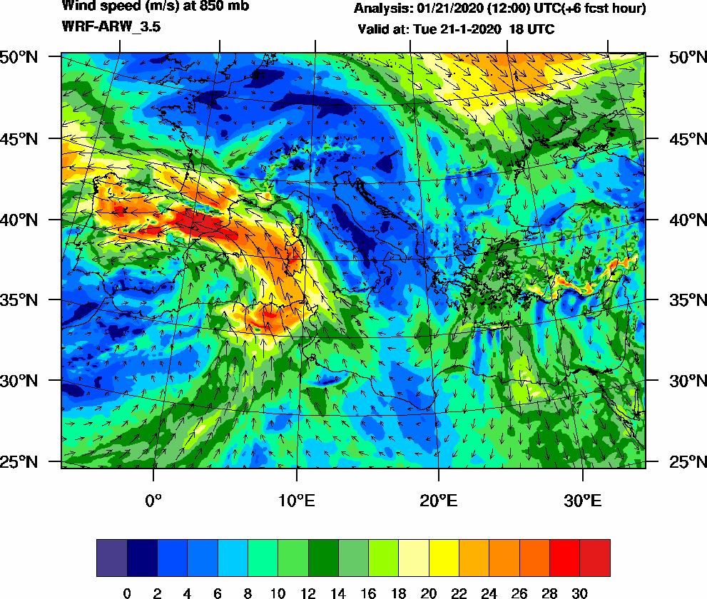 Wind speed (m/s) at 850 mb - 2020-01-21 18:00