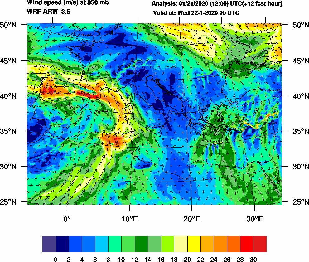 Wind speed (m/s) at 850 mb - 2020-01-22 00:00