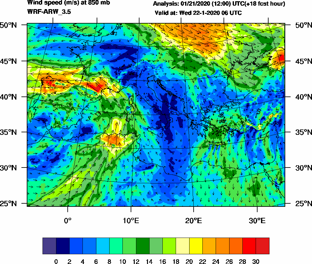 Wind speed (m/s) at 850 mb - 2020-01-22 06:00