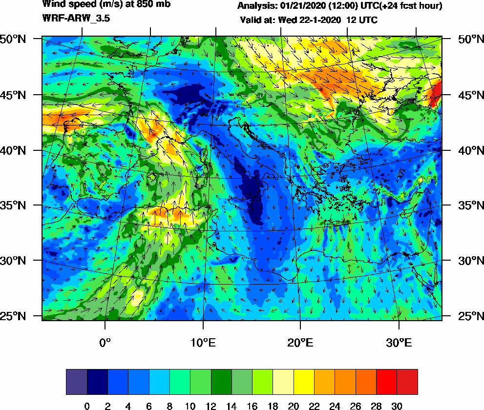 Wind speed (m/s) at 850 mb - 2020-01-22 12:00