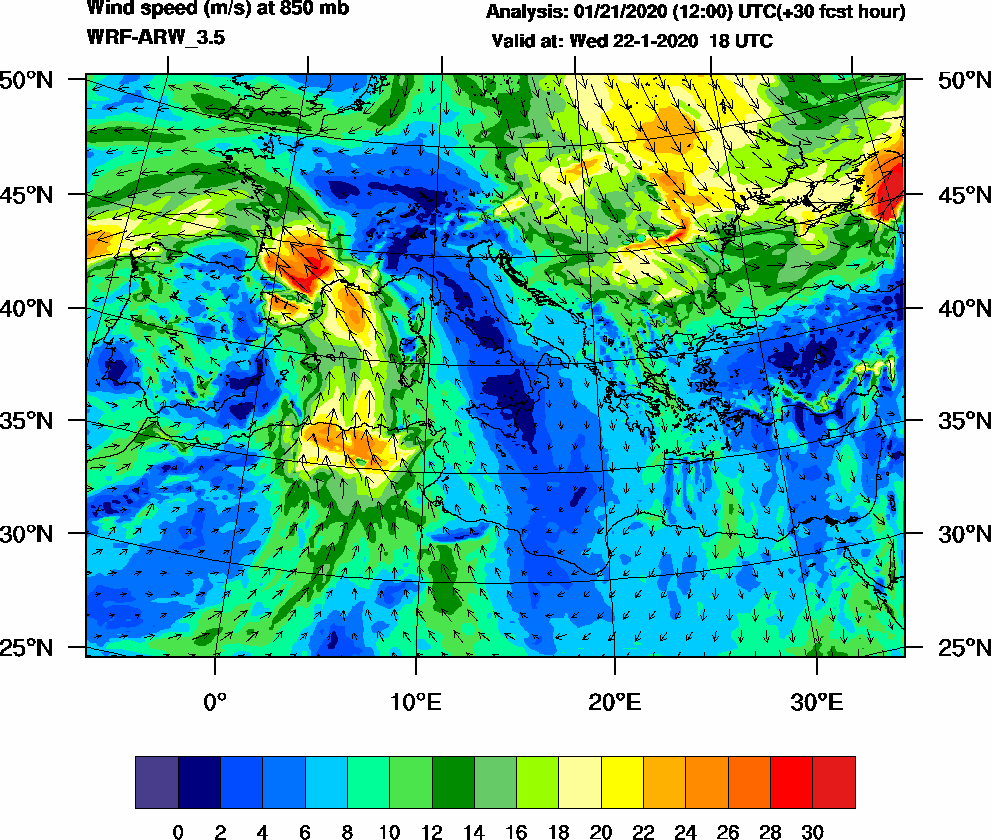 Wind speed (m/s) at 850 mb - 2020-01-22 18:00