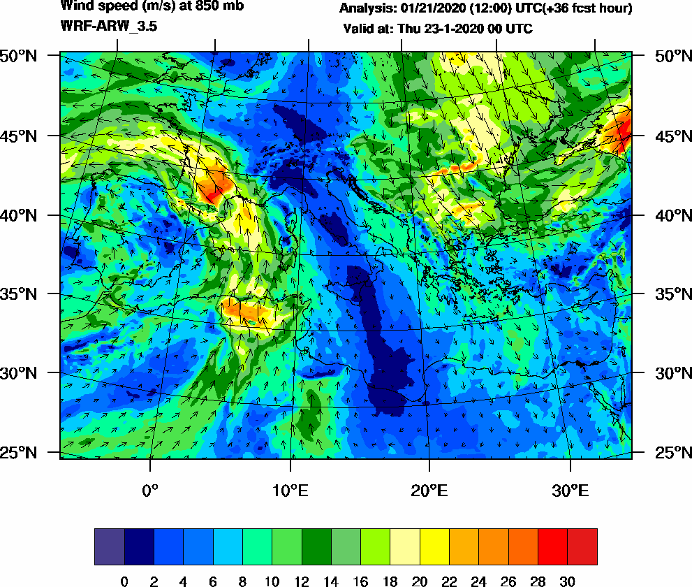 Wind speed (m/s) at 850 mb - 2020-01-23 00:00