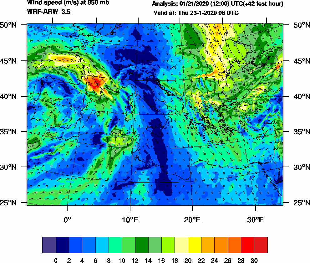 Wind speed (m/s) at 850 mb - 2020-01-23 06:00