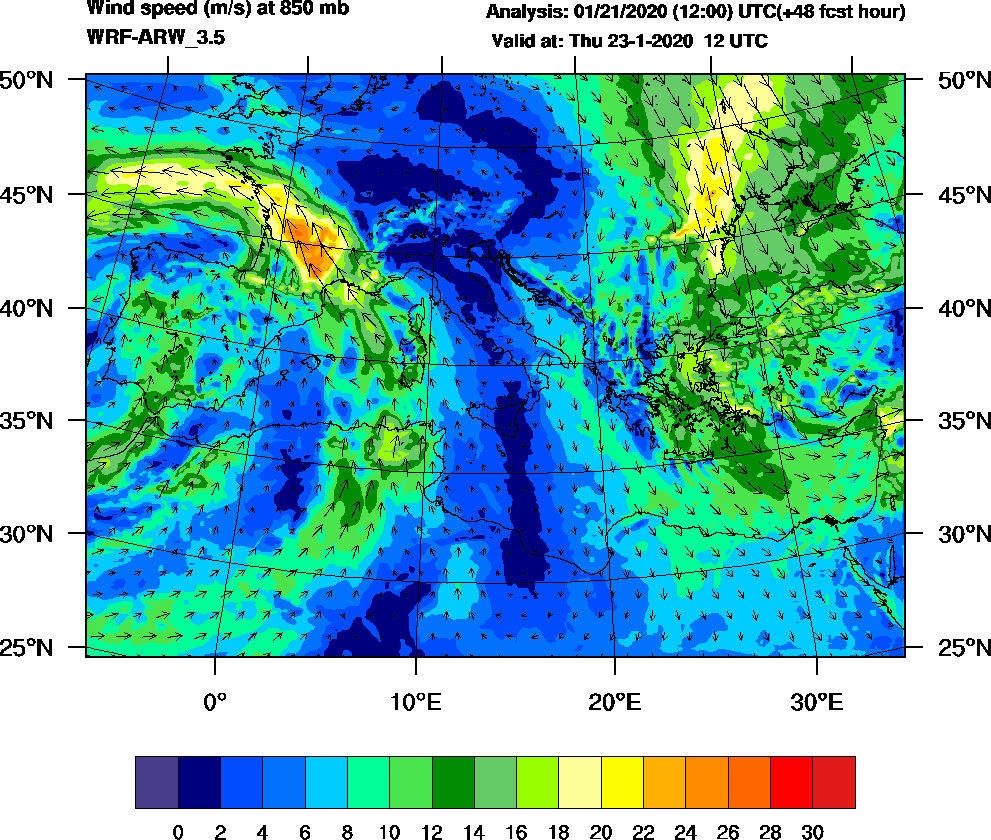 Wind speed (m/s) at 850 mb - 2020-01-23 12:00