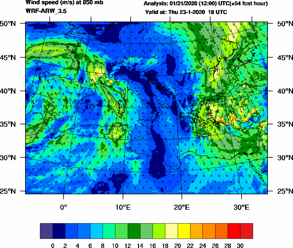 Wind speed (m/s) at 850 mb - 2020-01-23 18:00