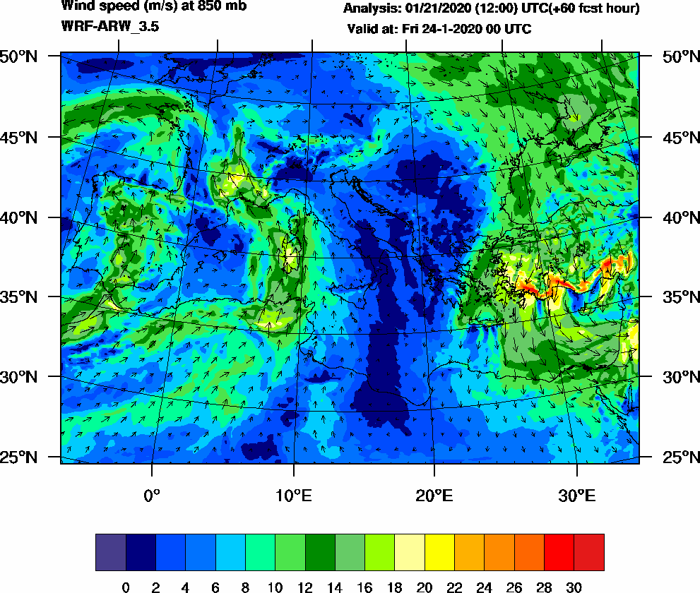 Wind speed (m/s) at 850 mb - 2020-01-24 00:00