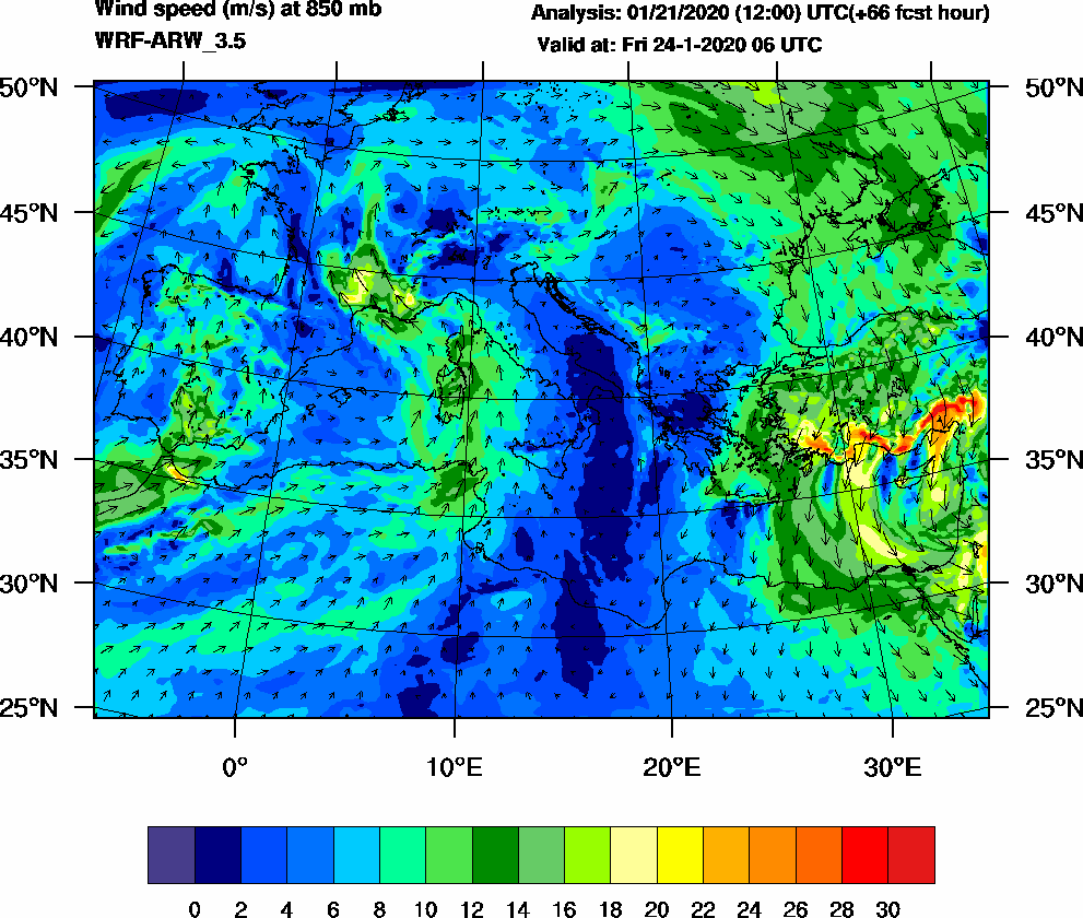 Wind speed (m/s) at 850 mb - 2020-01-24 06:00