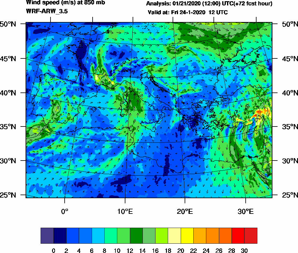 Wind speed (m/s) at 850 mb - 2020-01-24 12:00