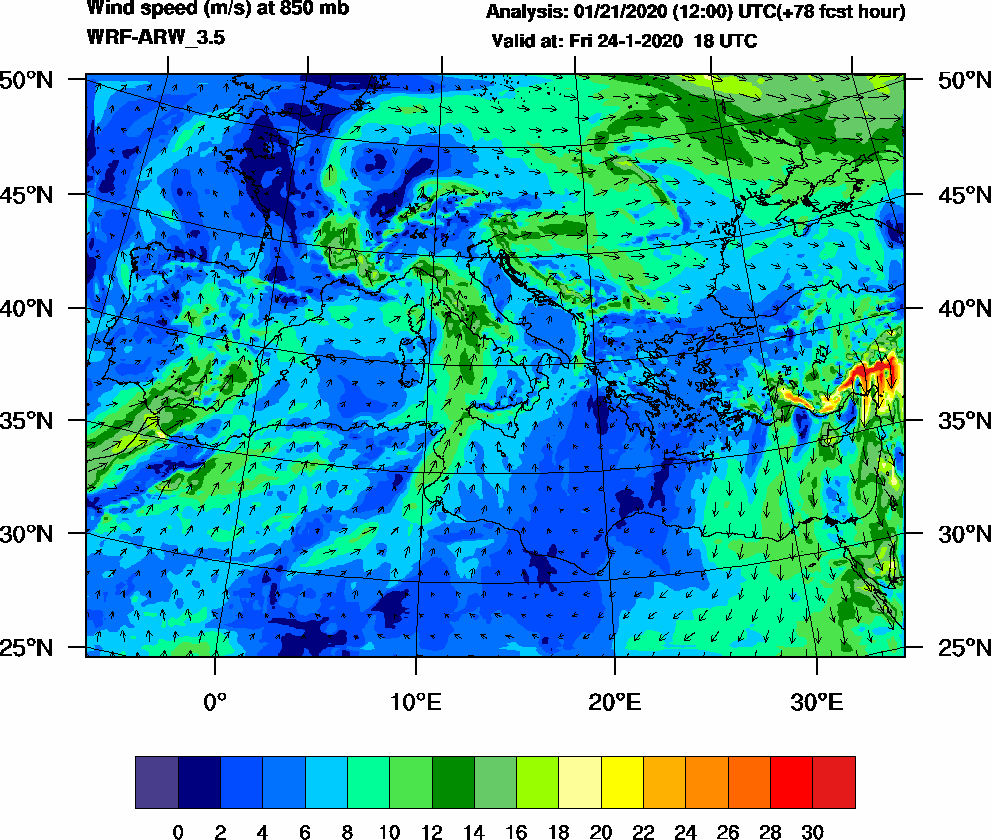 Wind speed (m/s) at 850 mb - 2020-01-24 18:00