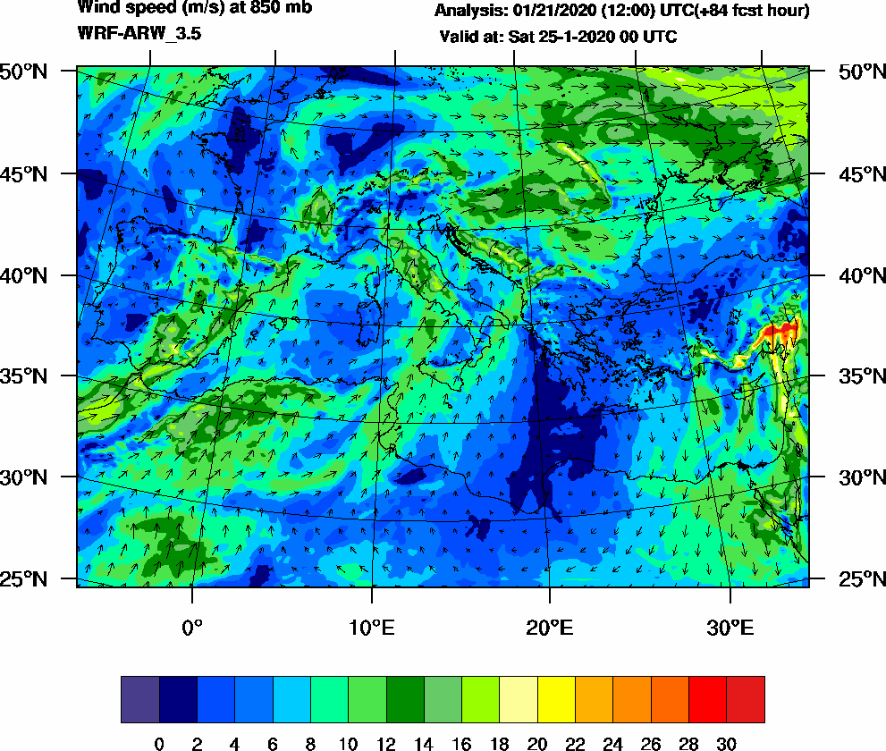 Wind speed (m/s) at 850 mb - 2020-01-25 00:00