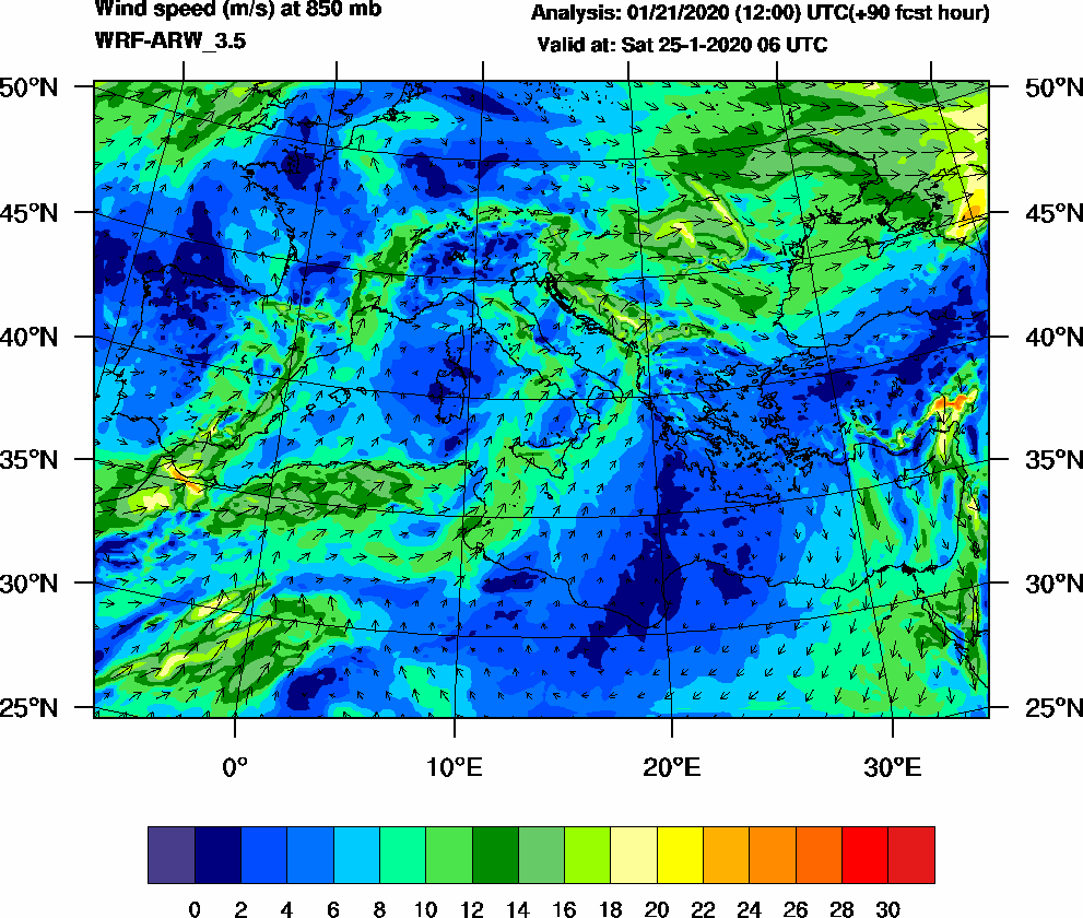 Wind speed (m/s) at 850 mb - 2020-01-25 06:00