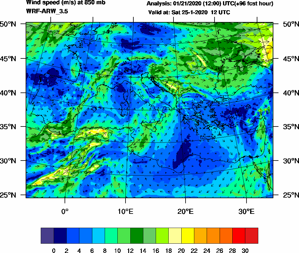 Wind speed (m/s) at 850 mb - 2020-01-25 12:00