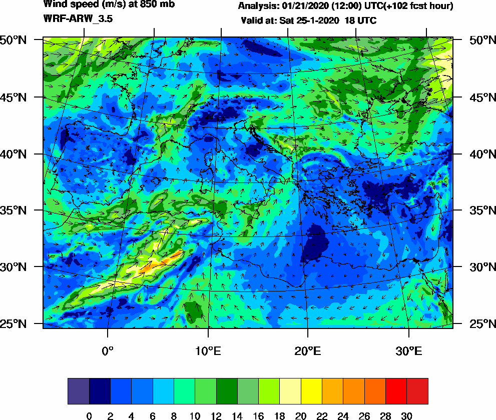 Wind speed (m/s) at 850 mb - 2020-01-25 18:00