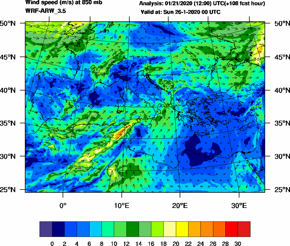 Wind speed (m/s) at 850 mb - 2020-01-26 00:00