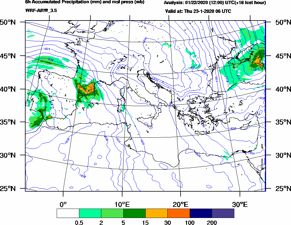 6h Accumulated Precipitation (mm) and msl press (mb) - 2020-01-23 00:00